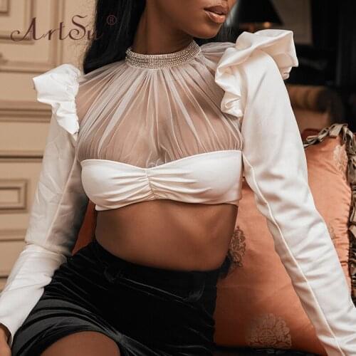 ArtSu Fashion Diamond Beading Choker Round Neck Crop Top Women Long Sleeve Hollow Out Sexy White Mesh Shirt Party Blouse