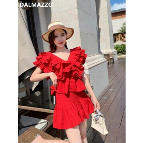 DALAMZZO Womens Summer Skirt Suits Clothes V Neck Single Breasted Ruffles Short Tops + Mini Skirts 2 Pieces Sets Femme