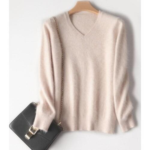 High Quality Spring 2021 New Mink Cashmere Sweater Womens V-neck Pullover Loose Large Size Knitted Top
