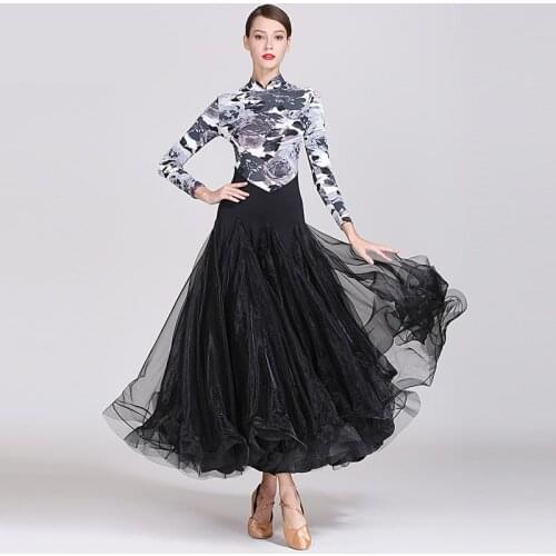 Women Standard Ballroom Modern Dance Long Sleeve Printing Costume Clothes Waltz Tango Standard Ballroom Dancing Dresses Ballroom
