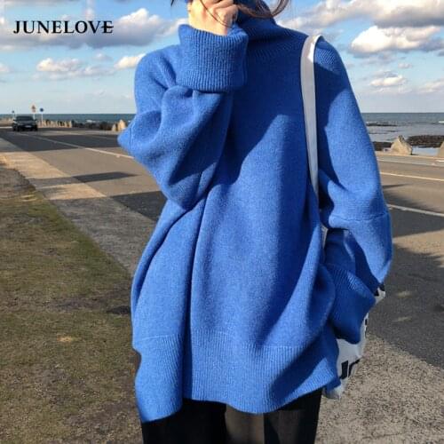 JuneLove Winter Turtleneck Pullover Sweater Women Korean Solid Jumper Autumn Loose Pull Knitted Tops Sueter Mujer Tops Outwears