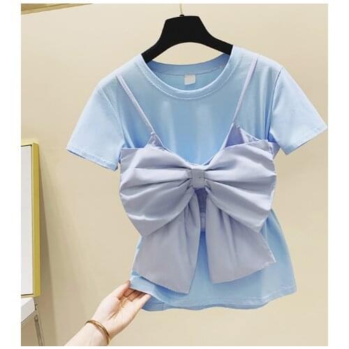 2020 Summer Top for Woman Korean Style Bow Strap Top + Short Sleeves Round Neck Cotton T-shirt Ladies Tops Blusas T Shirt