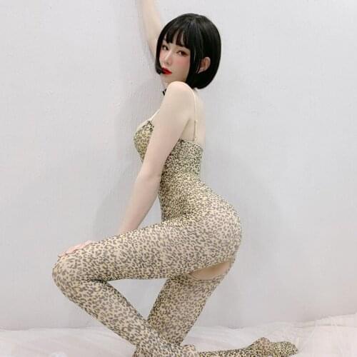 Women Sexy Lingerie Porno Open Crotch Hollow Stockings Leopard Print Long Stocking bodysuit fashion tights sheer erotic Lingerie