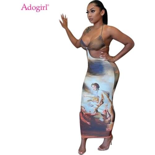 Adogirl Angel Print Women Sexy Maxi Spaghetti Straps Dress Deep V Neck Lace Up Backless Bodycon Long Night Club Party Robe