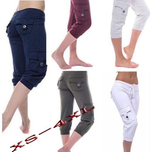 Summer Pants for Women Elastic Waist Knee Length Pocket Button Casual Yao Sport Trousers Back to the Basics Legging