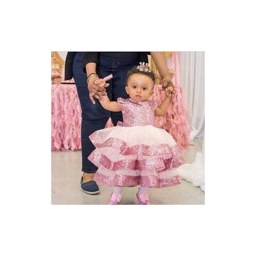Baby Girls Pink Sequin Birthday Party Dresses Cap Sleeve Girls Pageant Dresses Children Girls First Communication Dress Custom