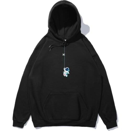 Japanese Style Autumn Cartoon Astronaut Print Plus Fleece Hooded Sweater For Men And Women Loose Oversize Couple Jacket Casual