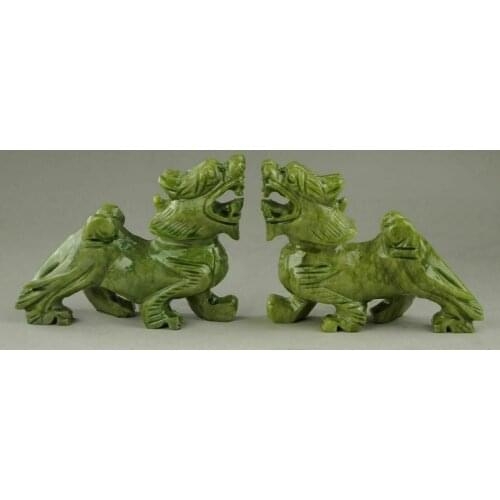 Exquisite Chinese Hand Carved Natural green Jade Dragon Pixiu Statue Pair RT