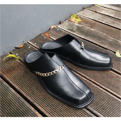 Punk Metal Chain Slip On Casual Shoes Men Fashion Square Toe Slides Summer Cool Boy Daily Outdoor Shoes