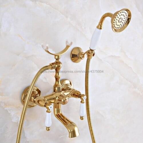 Gold Color Brass Dual Ceramic Handles Bathtub Shower Faucet Wall Mount Bathroom Tub Faucet with Handheld Sprayer Nna902