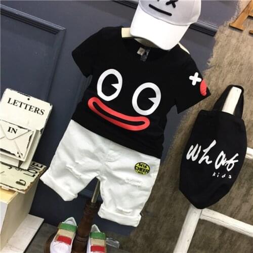 Summer Children Clothing Boys Set 2 3 4 5 6 7Years Short Sleeve Ribbon Shirt Ripped Jeans Shorts Kids Boy Set