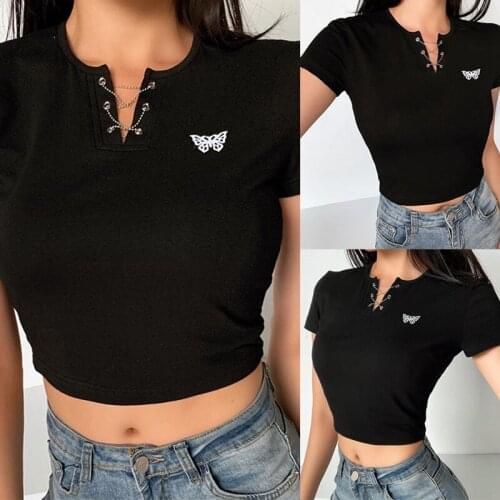 Summer Reflective Butterfly Print Sexy Exposed Navel Casual Short-Sleeved T-Shirt