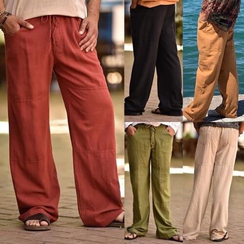 Fashion Men Solid Colors Cotton Linen Plus Size Casual Elastic Waist Pockets Loose Sport Long Pants Trouser Pantalones Hombre#35