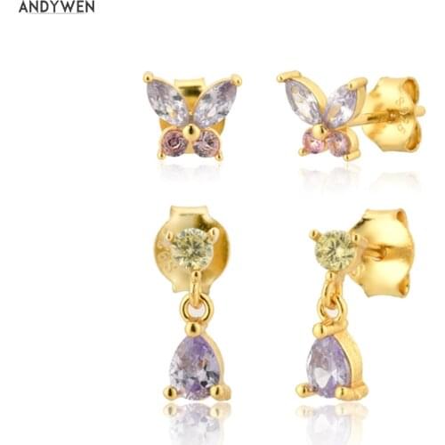 ANDYWEN 925 Sterling Silver Gold Purple Blue Fashion Luxury Women Crystal Jewelry Piercing Zircon Colorful Tiny Jewels 2020 Rock