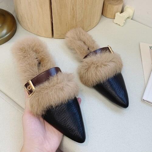 Mules Shoes Women Fur Slippers Luxury Designers Flat Slides Fashion Pointed Toe Loafers Sexy Winter Slipper Woman Mules 35-39