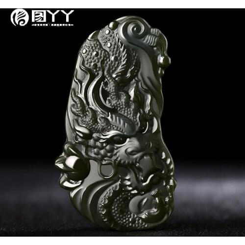 Natural A hetian jade hand carved black jade dragon green jade pendant unique design jadeite jade necklace men jewelry