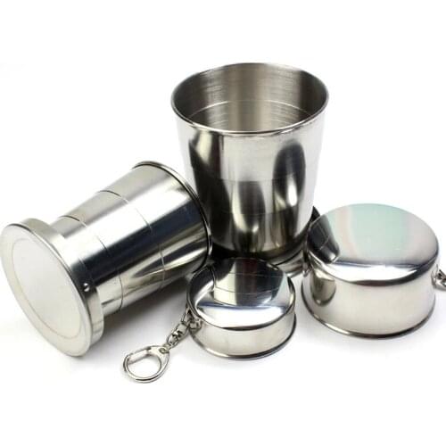 New Stainless Steel Folding Cup with Keychain Camping Folding Cup Traveling Outdoor Collapsible Cup with Lid Portable Drinkware