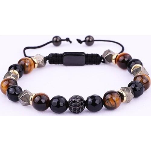 New Design Brown Tiger Eye Black Onyx Cubic Zironia Ball Beaded Macrame Adjustable Bracelet Men Jewelry Gift