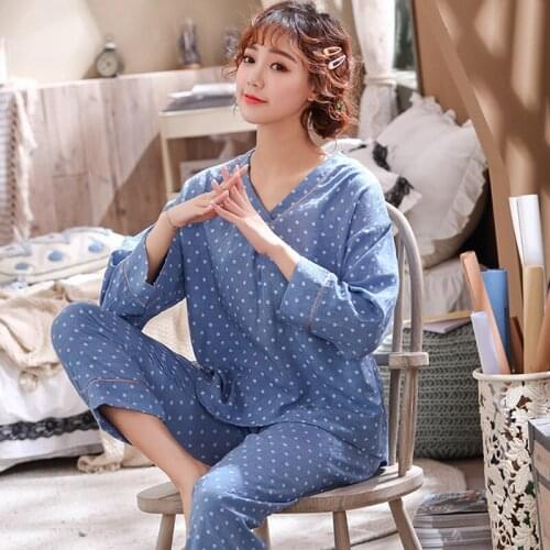 Pajamas Women Interwoven Cotton Ins Fashion Long-Sleeved V-Neck Korean Loose And Cotton And Linen Home Service Summer Nighties