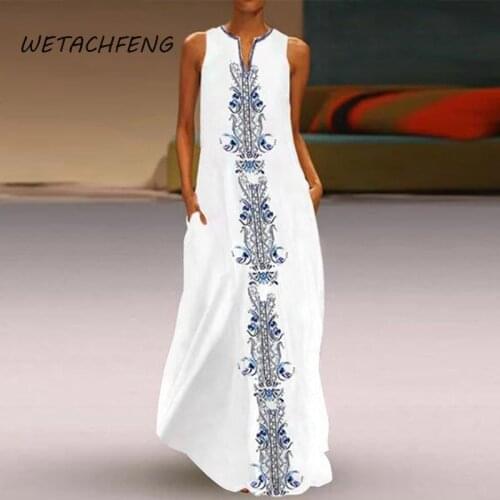 Plus Size 5XL Womens Dress Vintage Floral Printed Sleeveless Long Robe Sundress Summer Maxi Boho Casual Loose Womens Clothing