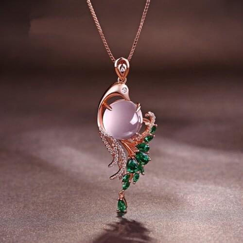 Luxury Rose Gold Plated Phoenix Necklace Pink Gems White Green Zircon Crystal Bridal Necklace Wedding Band Banquet Jewelry Gifts