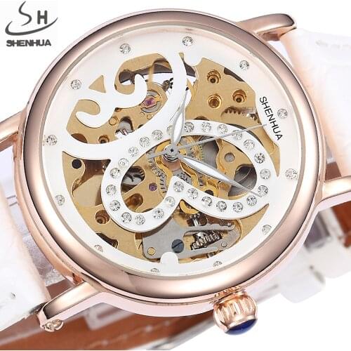 SHENHUA Skeleton Wristwatches Women Automatic Mechanical Watches Lady Watch Fashion Rhinestone Self Wind Watch Relogio Feminino