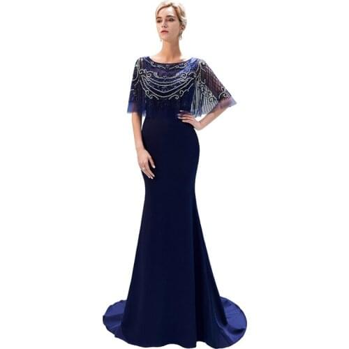 Knitting Scoop Neck Half Sleeve Tassels Appliques Mermaid Fishtail Floor Length Robe de soiree Party Dress Vestido de noche