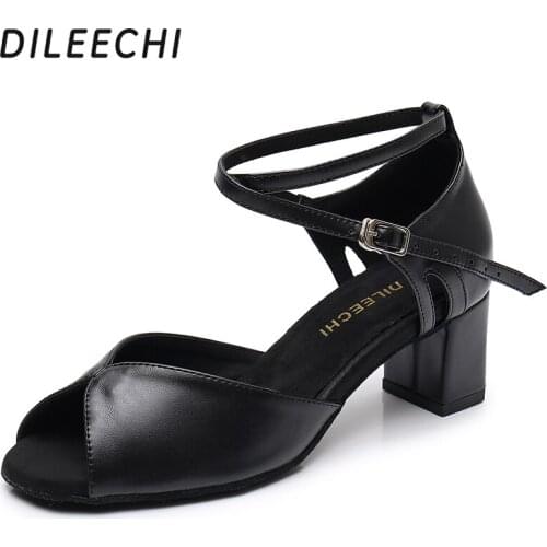 DILEECHI Latin Dance Shoes Womens Black Real Leather Squre Party Ballroom Dancing Shoes Wide Heel 5cm 902 For Seniors Beginners