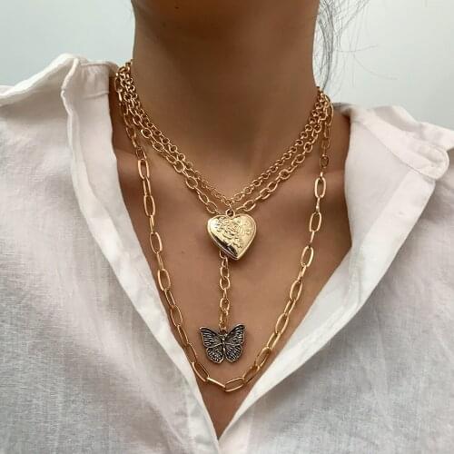 Geometry Heart Vintage Butterfly Pendant Necklace Fashion Choker Necklaces For Women Jewelry Steampunk Accessories Iron Chain