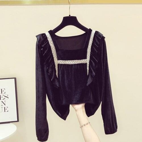 2020 Autumn New Lace Ruffles Lotus Leaf Patchwork Top Vintage Long Sleeve Velvet Square Collar Shirt for Women Black Blouse