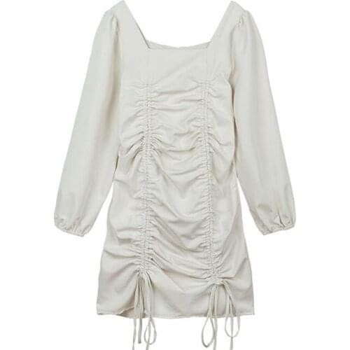 Women Spring New Fashion Long Sleeve Square Collar Pleated Drawstring Dress Sexy Bodycon Casual Slim Party Vestidos