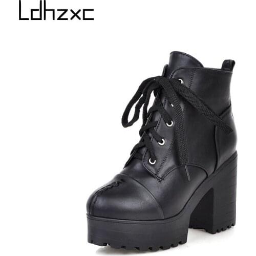 LDHZXC Ankle Strap Women Boots Solid Black Punk Style Female Short Boots Two-pieces Lace Up Ladies Shoes Plus Size 34-44