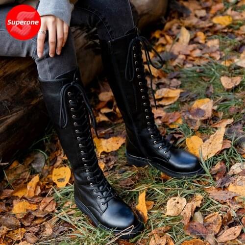 Superone Real Leather Knee Boots Plush Fur Warm Winter Shoes Woman Zipper Cross Strap Long Boot Office Lady Footwear Size 34-40