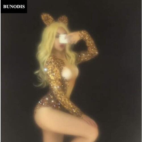 ZD010 Sexy Leopard Print Bodysuit Sparkling Crystals Jumpsuit Nightclub DJ Dancer Singer Stage Wear Costume Women Sexy Clothed