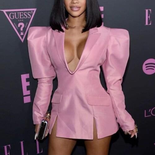 2021 Autumn Winter Fashion Design Sense Celebrity Midi Suit Jacket Dress Women Sexy V Neck Long Sleeve Clubbing Party Short Robe