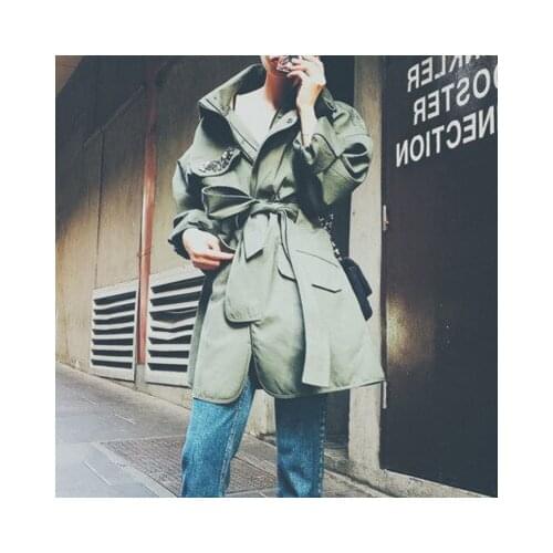 Fashion Beading Leisure Army Green Military Trench Coat Autumn Long Women Coat Loose Windbreaker Femal Clothing