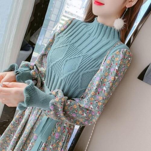 Womens Knitted Dress Autumn Winter New Long SleeveCorduroy Floral Dress Female Elegant Sweater A-line Long Veatidos Belt H177