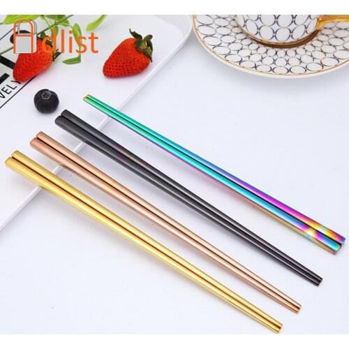 1Pair Food Chopsticks Stainless Steel Long Handle Flat Non-Slip Korean Rose Gold Chopsticks Cutlery Dinnerware Tableware Tools