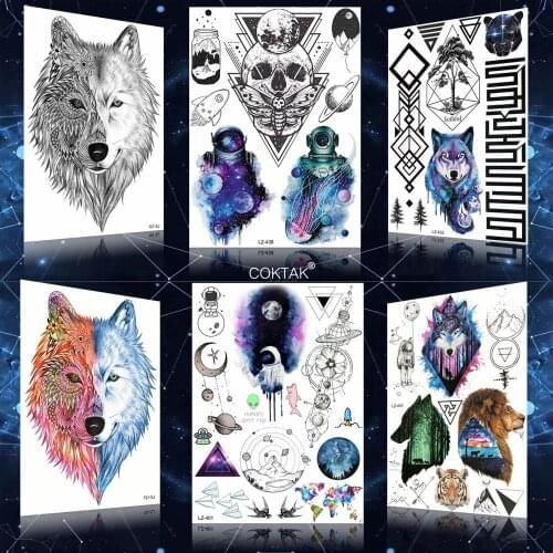 3D Death Skull Star Planets Geometric Watercolor Temporary Tattoo For Kids Stickers Moon Men Fake Tattoo Women Arm Custom Tatoos