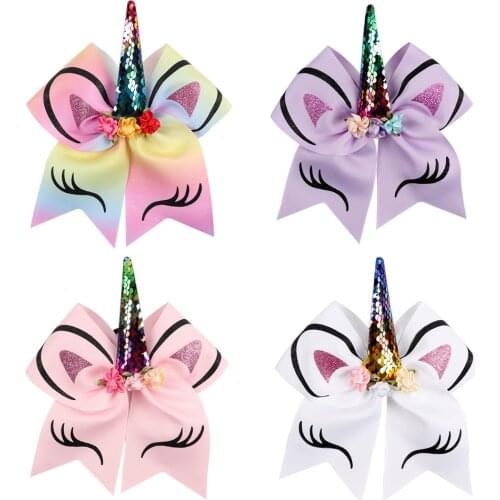 7 Inch Cartoon Sequin Cheer Bows with Elastic Hair Band Girls Glitter Ears Hair Bows Kids Floral Bowknot Hair Accessories