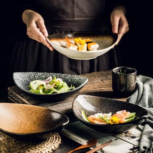 FANCITY Japanese Retro Creative Ceramic Tableware Salad Bowl Pasta Bowl Fruit Bowl Deep Soup Plate Household Vegetable Bowl