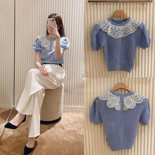 2021 Spring Summer Crop Tops Sweater Women Pullovers Knitwear Short Sleeve Fashion Jumper Jersey Casual O-Neck Korean Harajuku