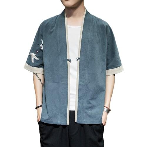 Men Cotton Linen Shirts China Style Kongfu Coat Male Loose Kimono Cardigan Overcoat Open Stitch Mens 5XL