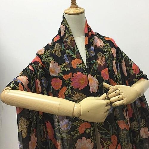 Floral print black pure natural silk georgette gauze soft for summer dress and skirt,SCG714