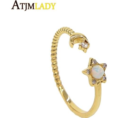 2020 New Cz Star Open Sized Women Rings Star Moon Opal Stone Prong Setting Classic Dainty Gold Color Open Adjust Stone Ring