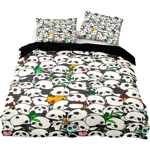 Cartoon Style Cute Panda Pattern Duvet Cover Set With Pillowcase,240x200 Quilt Cover,260×220 Blanket Cover,Black Bedding Set