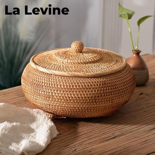 Rattan Snack Storage Box Handmade Finishing Box with Lid Woven Storage Basket Wardrobe Desktop Storage Basket Round Gift Box