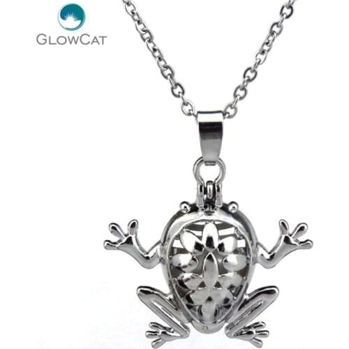 K123 Silver Magnetic 31mm Frog Pearl Cage Locket Necklace Stainless Chain 18" Aroma Essential Oil Diffuser Locket
