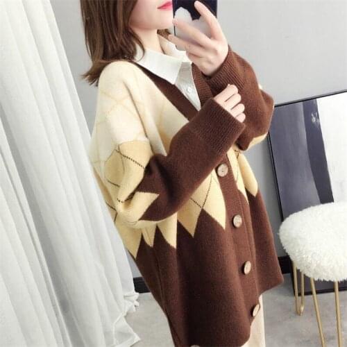 2020 Spring And Autumn Retro V-neck Loose Solid Color Long-sleeved Wool Knit Cardigan Sweater Coat Female Wild