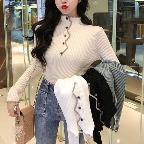 Womens Sweater Knitted Pullovers Sweaters Half High Collar Long Sleeve Women Clothing Autumn Winter Slim Chic Button Top 2021